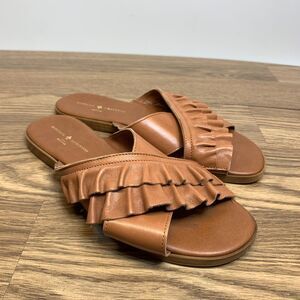 Mercanti Fiorentini Sz 9 Brown Leather Ruffled Strap Slide Slip On Sandals Italy